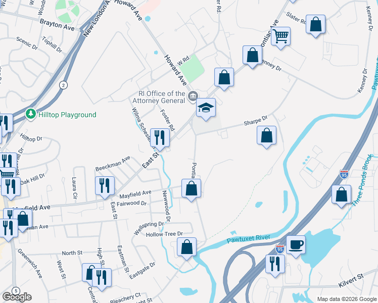 map of restaurants, bars, coffee shops, grocery stores, and more near 1635 Pontiac Avenue in Cranston