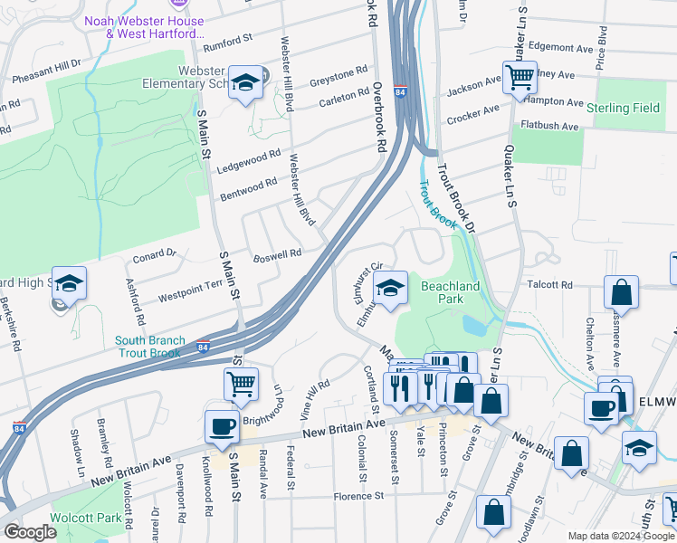 map of restaurants, bars, coffee shops, grocery stores, and more near 180 Mayflower Street in West Hartford