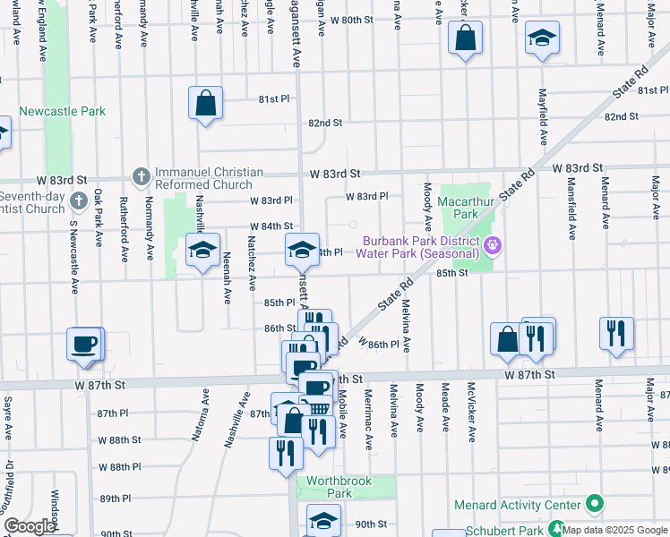 map of restaurants, bars, coffee shops, grocery stores, and more near 6328 85th Street in Burbank