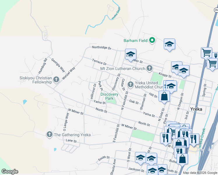 map of restaurants, bars, coffee shops, grocery stores, and more near 904 Park Place in Yreka
