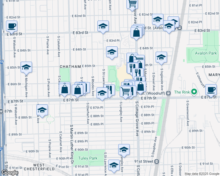 map of restaurants, bars, coffee shops, grocery stores, and more near 8628 South Champlain Avenue in Chicago