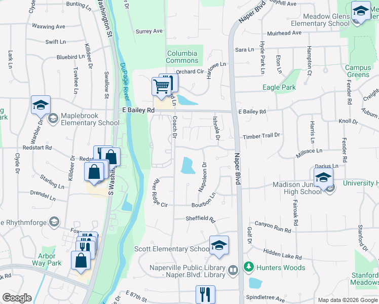 map of restaurants, bars, coffee shops, grocery stores, and more near 412 Orleans Avenue in Naperville