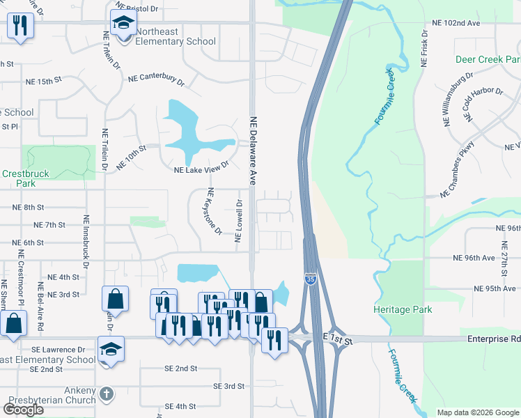 map of restaurants, bars, coffee shops, grocery stores, and more near 1103 Northeast 7th Lane in Ankeny