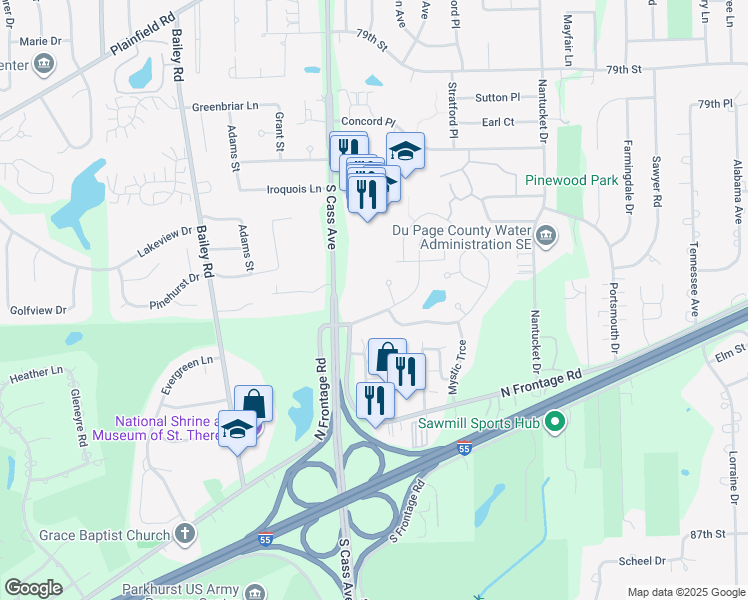 map of restaurants, bars, coffee shops, grocery stores, and more near 1102 Hinswood Drive in Darien