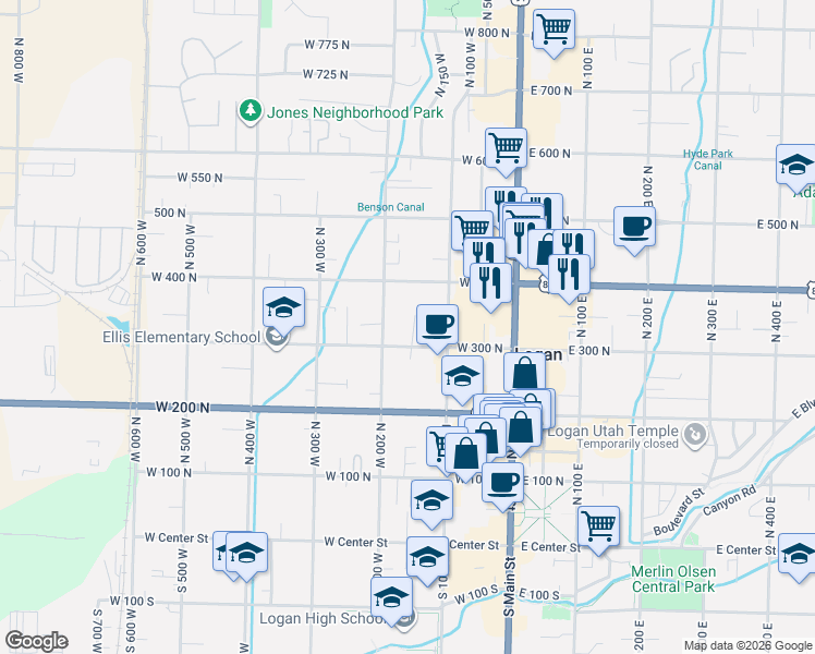 map of restaurants, bars, coffee shops, grocery stores, and more near 325 North 150 West in Logan