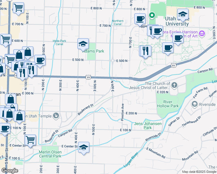 map of restaurants, bars, coffee shops, grocery stores, and more near 340 North 500 East in Logan