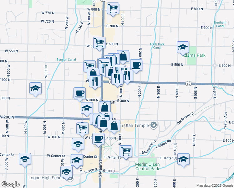 map of restaurants, bars, coffee shops, grocery stores, and more near 93 East 300 North in Logan