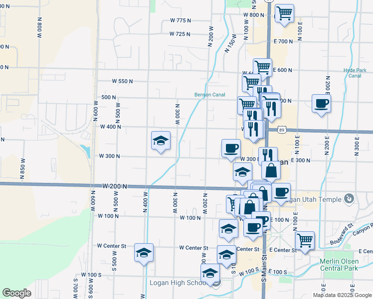 map of restaurants, bars, coffee shops, grocery stores, and more near 255 West 300 North in Logan