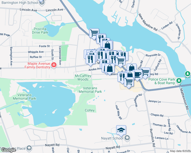 map of restaurants, bars, coffee shops, grocery stores, and more near 312 Waseca Avenue in Barrington