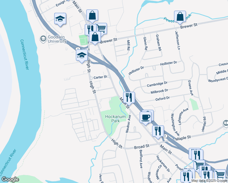 map of restaurants, bars, coffee shops, grocery stores, and more near 210 Main Street in East Hartford