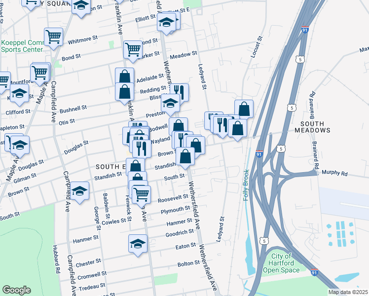 map of restaurants, bars, coffee shops, grocery stores, and more near 682 Wethersfield Avenue in Hartford