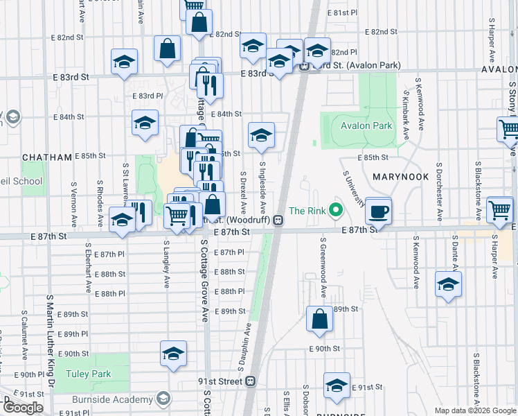 map of restaurants, bars, coffee shops, grocery stores, and more near 8630 South Ingleside Avenue in Chicago