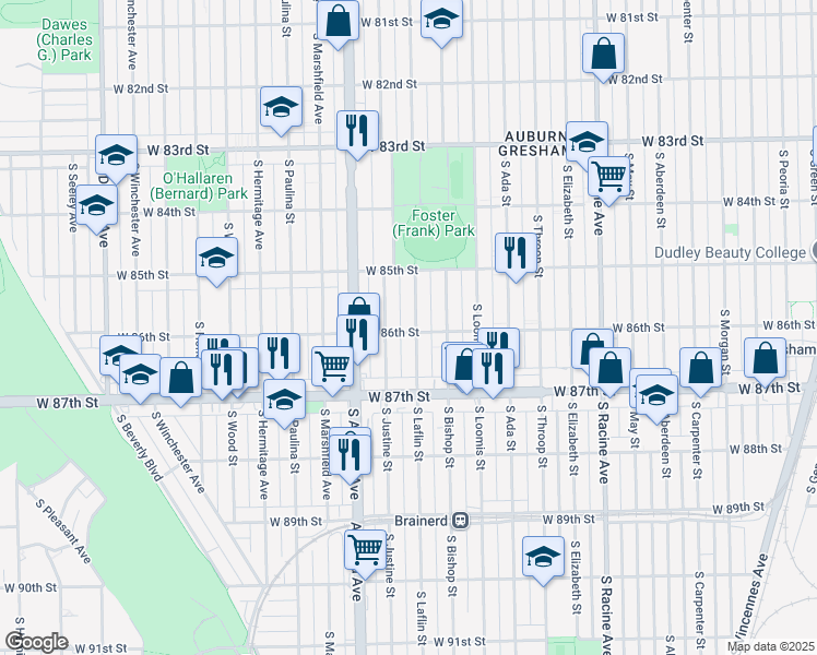 map of restaurants, bars, coffee shops, grocery stores, and more near 8601 South Justine Street in Chicago
