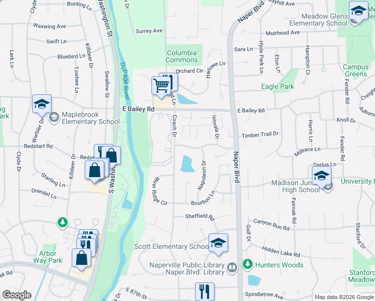 map of restaurants, bars, coffee shops, grocery stores, and more near 412 Orleans Avenue in Naperville