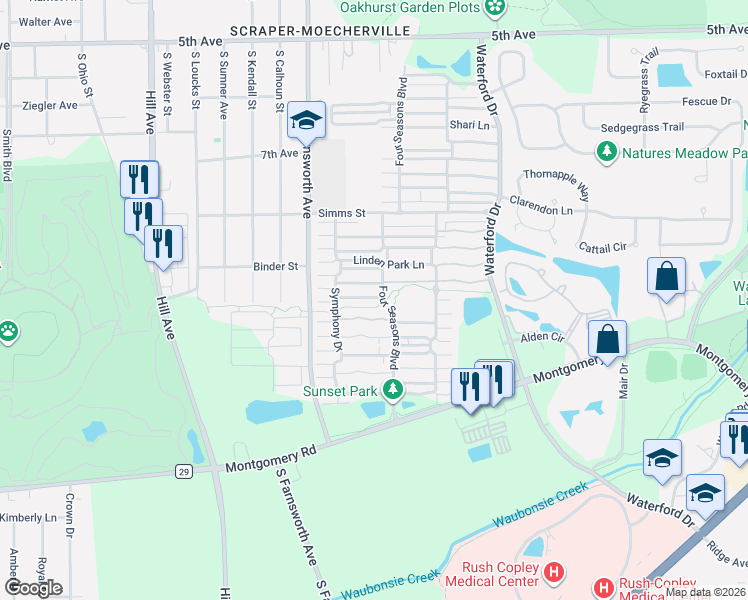 map of restaurants, bars, coffee shops, grocery stores, and more near 951 Four Seasons Boulevard in Aurora