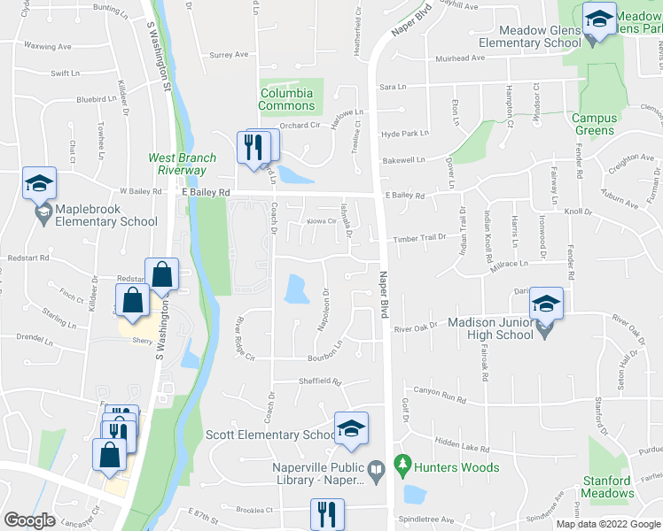 map of restaurants, bars, coffee shops, grocery stores, and more near 1702 Napoleon Drive in Naperville