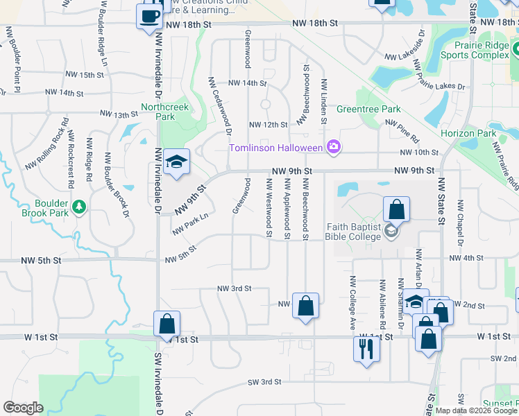 map of restaurants, bars, coffee shops, grocery stores, and more near 723 Northwest Greenwood Street in Ankeny