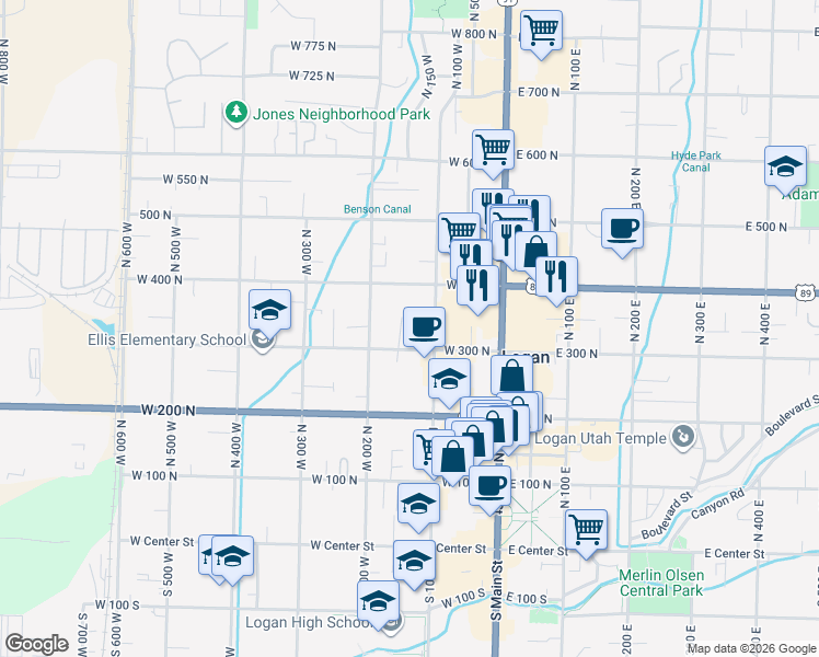 map of restaurants, bars, coffee shops, grocery stores, and more near 320 North 150 West in Logan