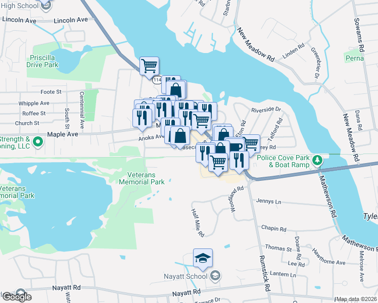 map of restaurants, bars, coffee shops, grocery stores, and more near 208 Waseca Avenue in Barrington