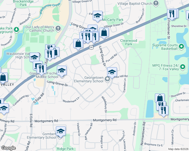 map of restaurants, bars, coffee shops, grocery stores, and more near 954 Oakland Lane in Aurora