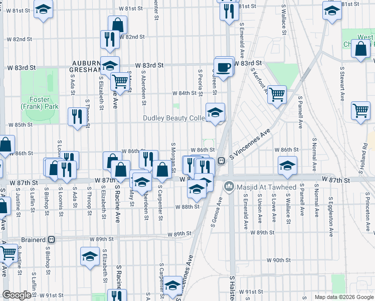 map of restaurants, bars, coffee shops, grocery stores, and more near S Sangamon St & W 86th St in Chicago