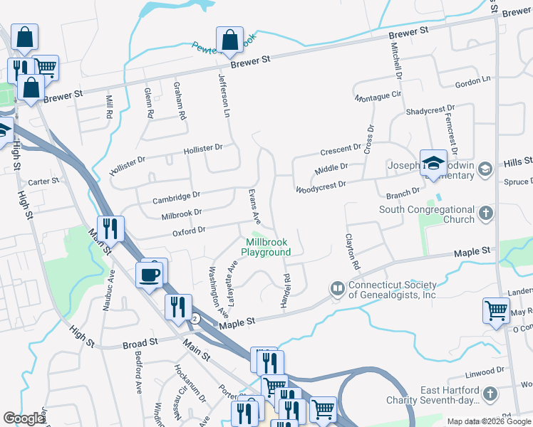 map of restaurants, bars, coffee shops, grocery stores, and more near 6 Evans Avenue in East Hartford