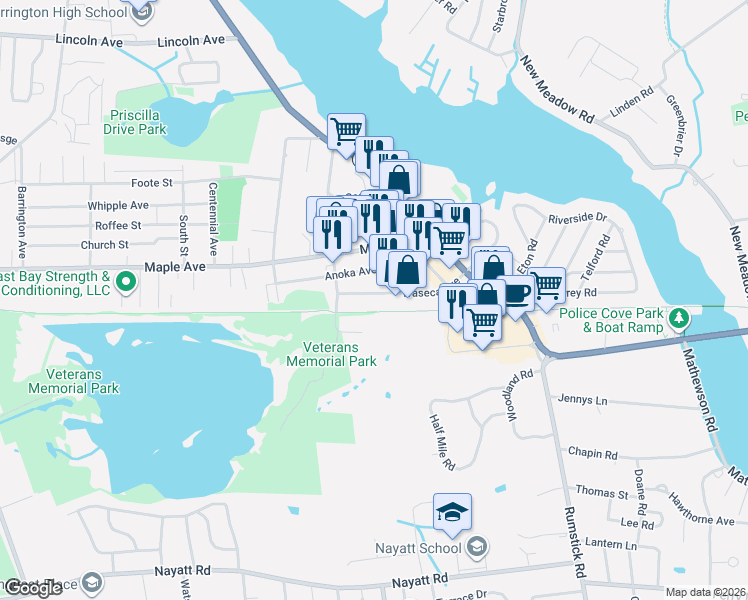 map of restaurants, bars, coffee shops, grocery stores, and more near 260 Waseca Avenue in Barrington