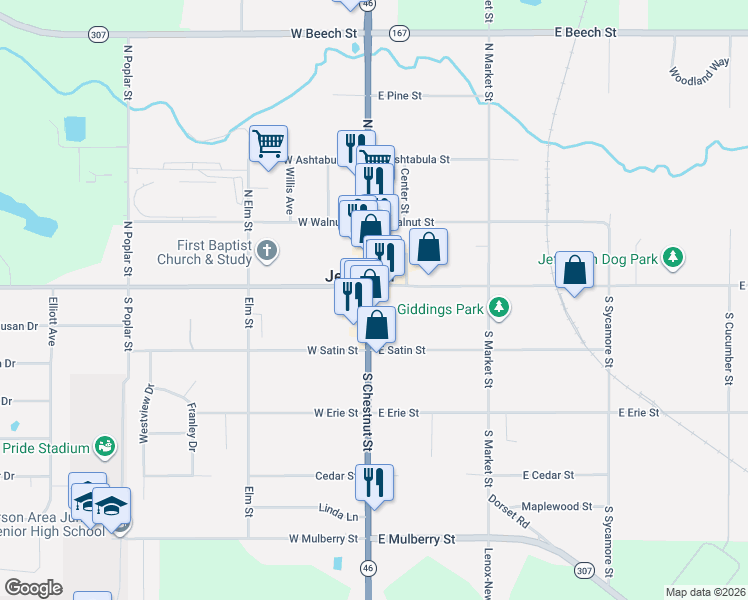 map of restaurants, bars, coffee shops, grocery stores, and more near 18 South Chestnut Street in Jefferson