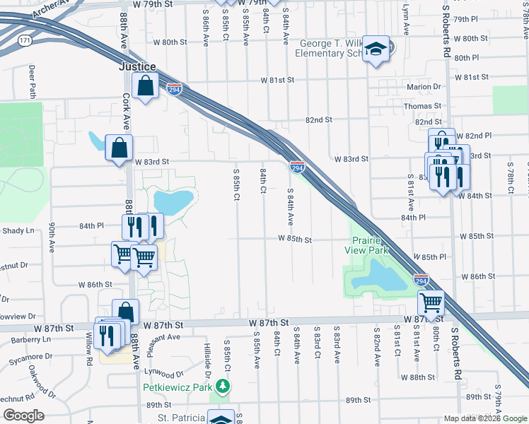 map of restaurants, bars, coffee shops, grocery stores, and more near 8435 84th Court in Hickory Hills