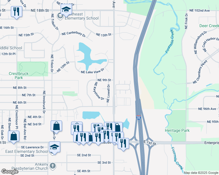 map of restaurants, bars, coffee shops, grocery stores, and more near 1112 Northeast 8th Lane in Ankeny