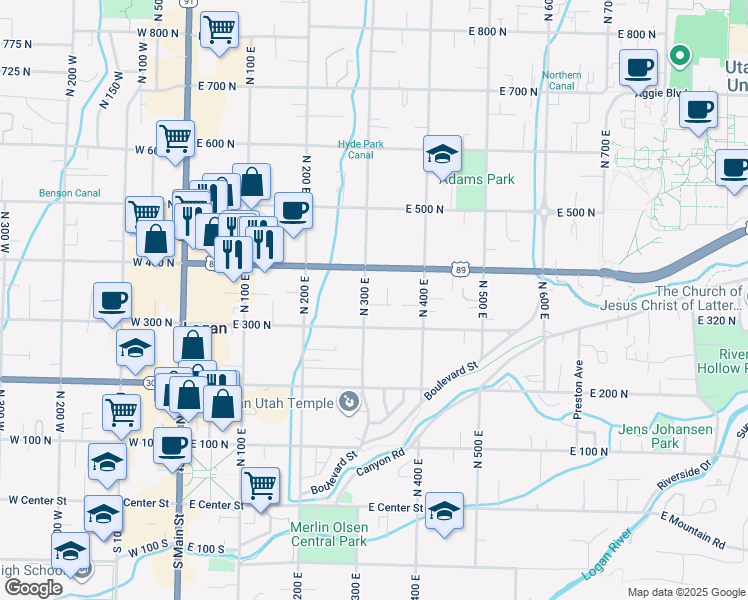 map of restaurants, bars, coffee shops, grocery stores, and more near 317 1/2 East 300 North in Logan