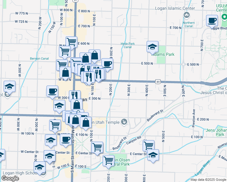 map of restaurants, bars, coffee shops, grocery stores, and more near 322 North 200 East in Logan
