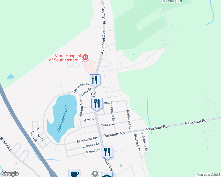 map of restaurants, bars, coffee shops, grocery stores, and more near 953 Oakley Street in New Bedford