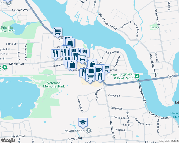 map of restaurants, bars, coffee shops, grocery stores, and more near 180-188 County Road in Barrington