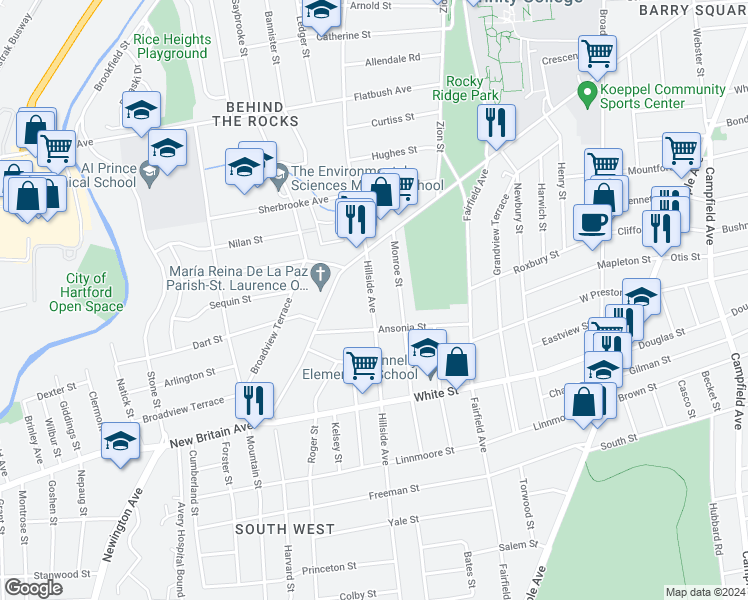 map of restaurants, bars, coffee shops, grocery stores, and more near 477 Hillside Avenue in Hartford