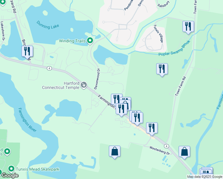 map of restaurants, bars, coffee shops, grocery stores, and more near 3 Forest Park Drive in Farmington