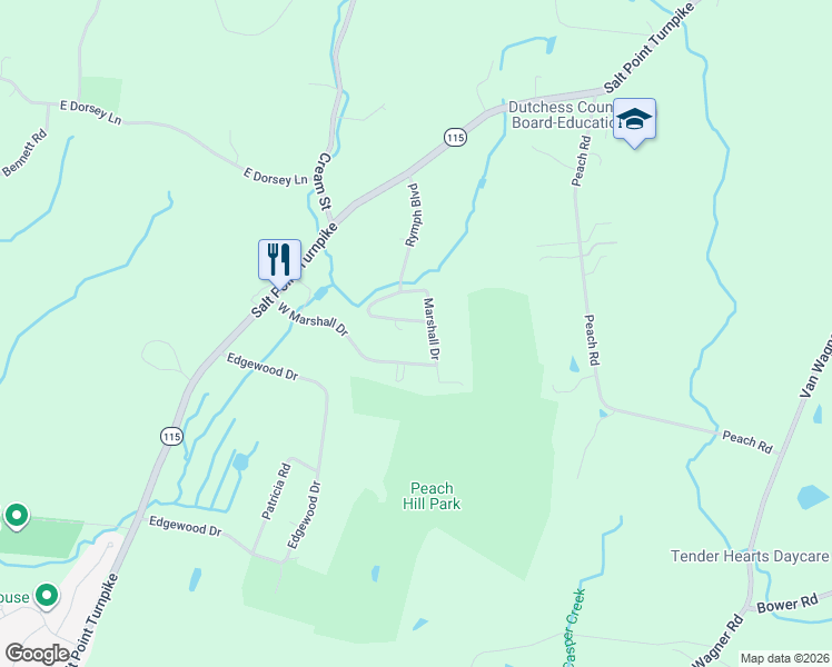 map of restaurants, bars, coffee shops, grocery stores, and more near 33 West Marshall Drive in Poughkeepsie