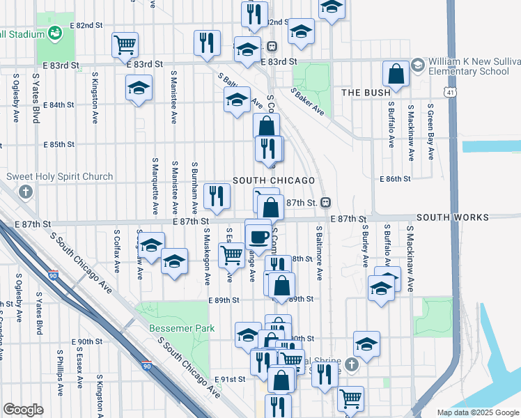 map of restaurants, bars, coffee shops, grocery stores, and more near 8739 South Exchange Avenue in Chicago