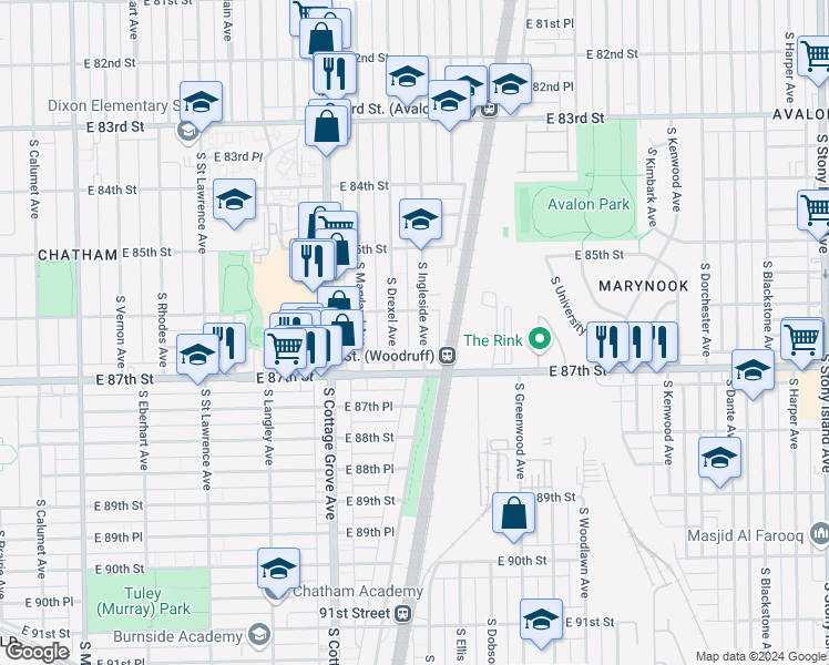map of restaurants, bars, coffee shops, grocery stores, and more near 8630 South Ingleside Avenue in Chicago