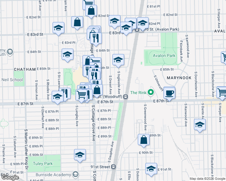 map of restaurants, bars, coffee shops, grocery stores, and more near 8630 South Ingleside Avenue in Chicago