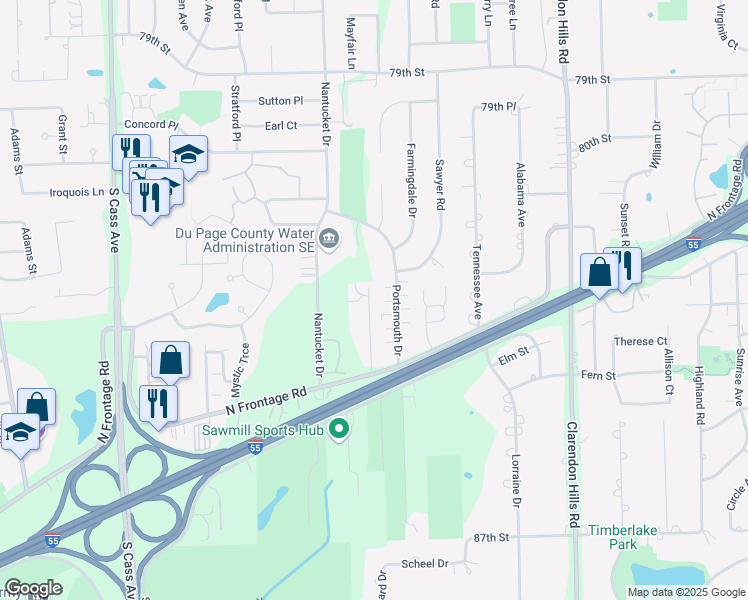map of restaurants, bars, coffee shops, grocery stores, and more near 8306 Woodland Drive in Darien