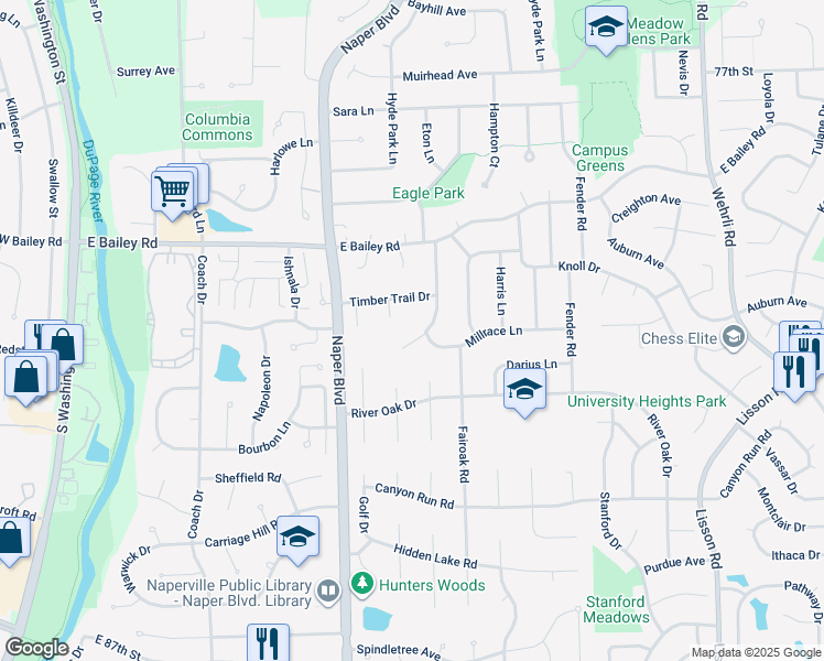 map of restaurants, bars, coffee shops, grocery stores, and more near 828 Millrace Lane in Naperville