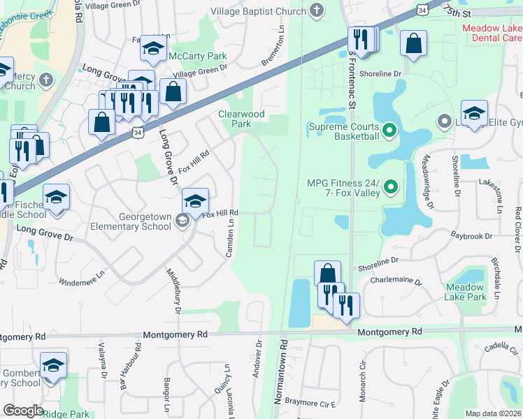 map of restaurants, bars, coffee shops, grocery stores, and more near 1000 Pheasant Run Lane in Aurora