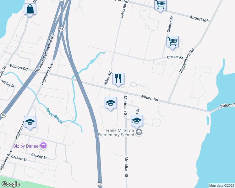 map of restaurants, bars, coffee shops, grocery stores, and more near 945 Wilson Road in Fall River