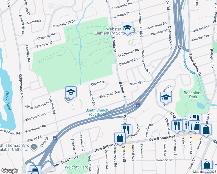map of restaurants, bars, coffee shops, grocery stores, and more near 40 West Point Terrace in West Hartford