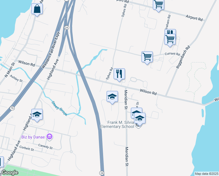 map of restaurants, bars, coffee shops, grocery stores, and more near 20 Ida Lane in Fall River