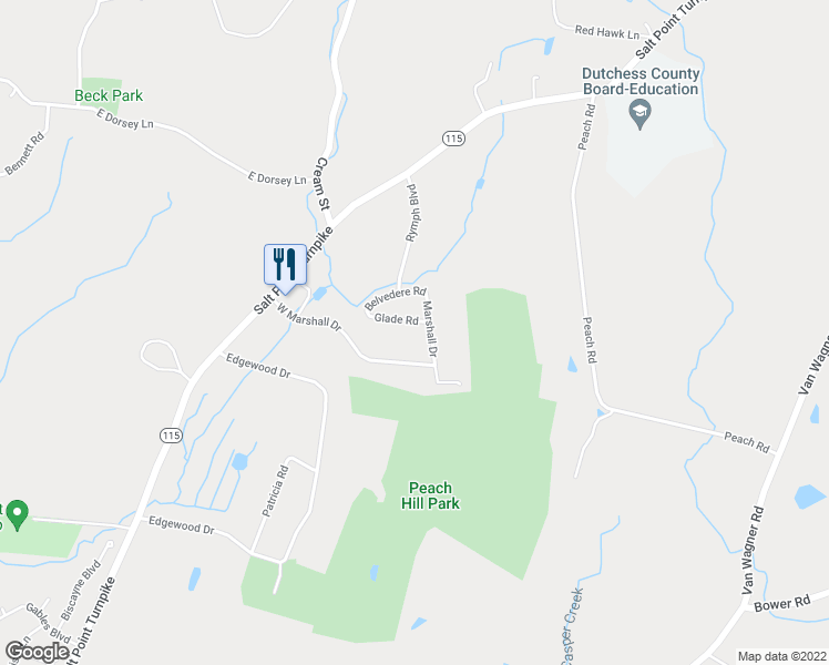 map of restaurants, bars, coffee shops, grocery stores, and more near 33 West Marshall Drive in Poughkeepsie