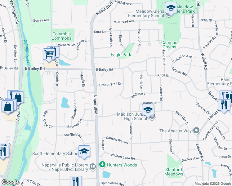 map of restaurants, bars, coffee shops, grocery stores, and more near 828 Millrace Lane in Naperville