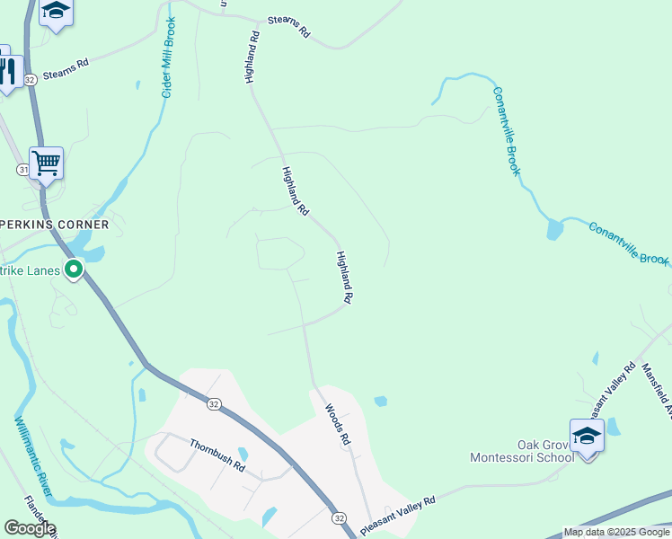 map of restaurants, bars, coffee shops, grocery stores, and more near 45 Highland Road in Mansfield