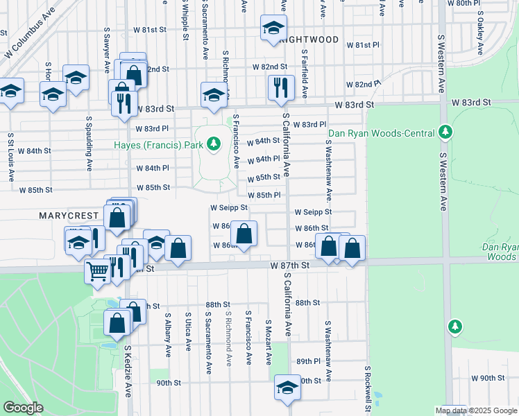 map of restaurants, bars, coffee shops, grocery stores, and more near 8541 South Francisco Avenue in Chicago